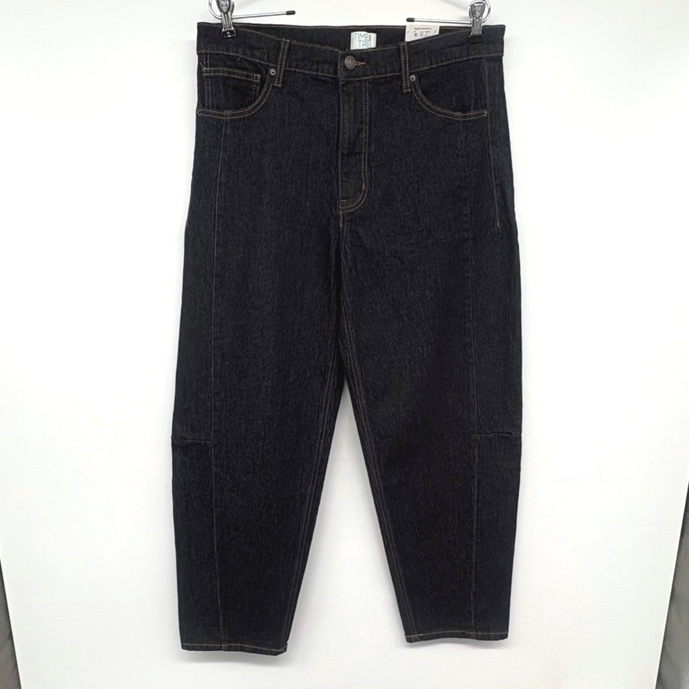 Time and Tru Barrel Leg Jeans Women 12 Dark Indigo Rinse High Rise Front Seam